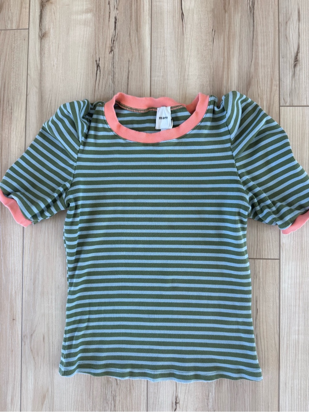 Maeve Green &  Blue Striped Puff Sleeve Tee with Coral Trim